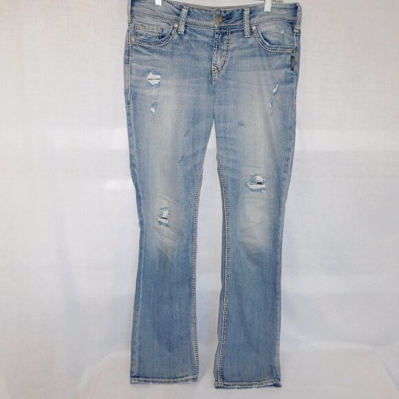 Silver Jeans Light Suki Mid Rise Baby Boot Distressed Womens 30 x 33 Blue Jeans - Picture 1 of 13